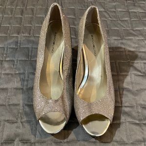 Sparkling champagne peep toe heels, size 8.5